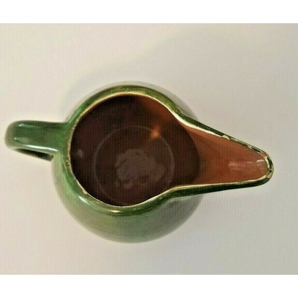 STANGL Milk Pitcher signed Pottery Green Brown 3 3/4 X 6   USA 1/2 pt Vintage - Picture 4 of 8